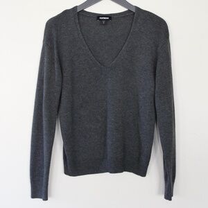Express Heathered Black V-Neck Lightweight Knit Sweater | Size S